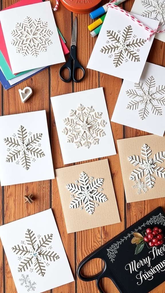 Handmade Christmas cards with snowflake designs on a wooden table with crafting supplies.